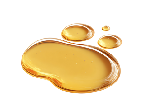 Golden liquid droplets forming an abstract shape against an isolated transparent surrounding