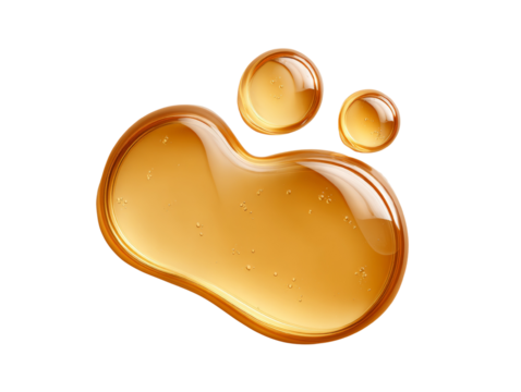 Abstract golden liquid form with droplet clusters on an isolated transparent field, minimalist