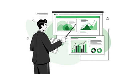 Business presentation with data charts and a businessman pointing at the screen
