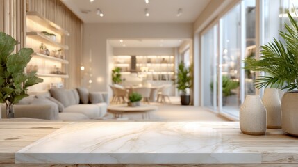 Elegant Home Interior with Marble Countertop: A Stylish Living Space with Modern Design and Natural Light