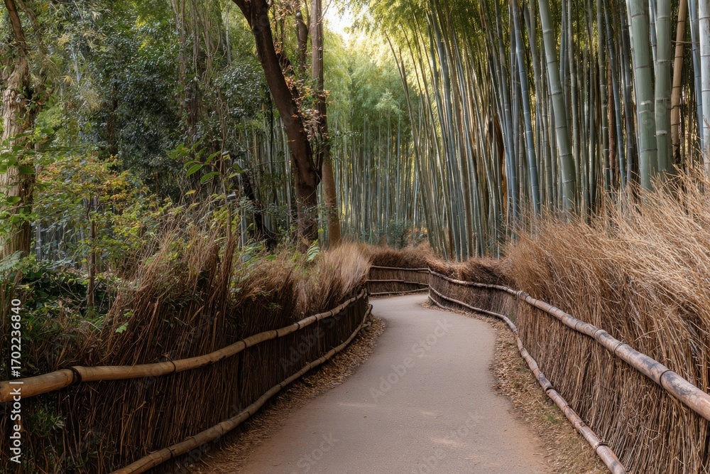 Poster serene winding path through lush bamboo forest with gentle sunlight filtering through trees