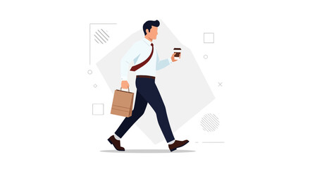 Businessperson Walking With Coffee And Bag During Morning Commute Activity Illustration