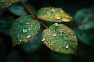 Close-Up View of Dew Drops on Green Rose Leaves in Soft Focus
