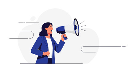 Businesswoman holding a megaphone, vector illustration, announcing news or promotion