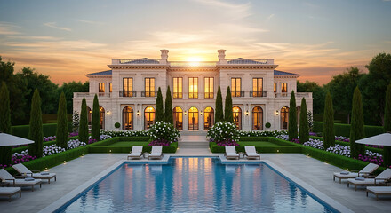 Luxurious Estate at Sunset: Poolside Serenity
