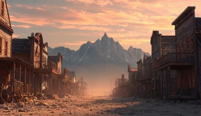 Dusty Wild West town at sunset. Mountain backdrop