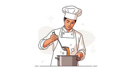 Chef preparing food in the kitchen with a pot and a ladle, vector illustration