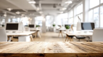 Modern Office Workspace Interior with Wooden Table Foreground, Offering Space for Product Display and Design Mockups