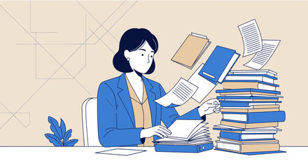 Busy Woman Sorting Documents Illustration Depicting Overwork And Office Workload