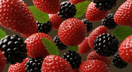 Vibrant Strawberries and Blackberries Levitating in a Dreamy, Softly Lit Studio Setting