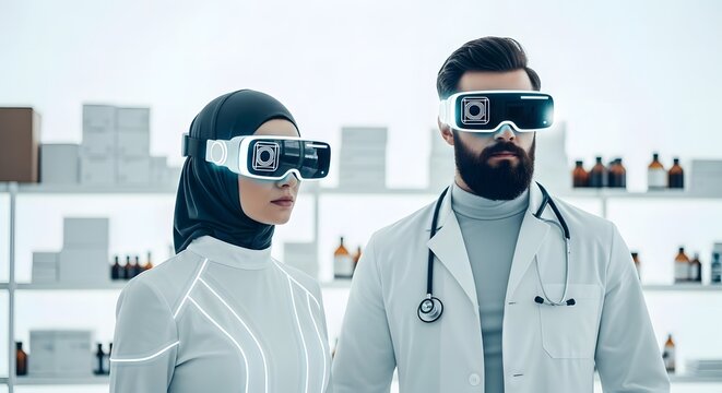 Futuristic Doctors in VR Headsets Examining Medical Data