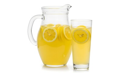 Refreshing pitcher and glass of lemonade with fresh lemon slices, beautifully isolated on a clean white background, showcasing vibrant citrus, natural freshness, and perfect summer drink presentation