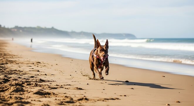 Energetic brown dog joyfully running on a sunny sandy beach.