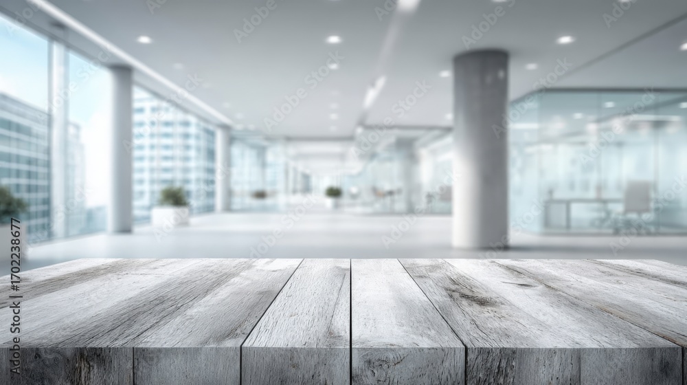Poster empty wooden table surface with blurred modern office background, ideal for product display and mock