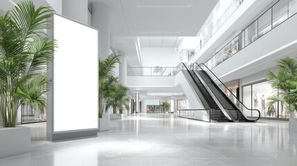 Obraz premium Modern Shopping Mall Interior with Blank Billboard, Escalators, and Green Plants for Advertising Mockup
