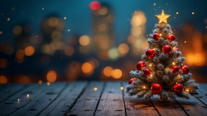 A small silver Christmas tree with red ornaments on a wooden table.