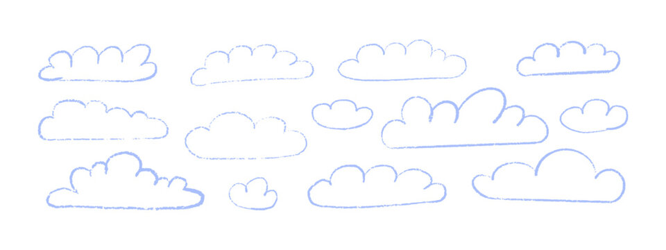Cute childlike cloud collection. Crayon and chalk pastel doodle icons of clouds. Hand drawn elements with grunge texture isolated vector