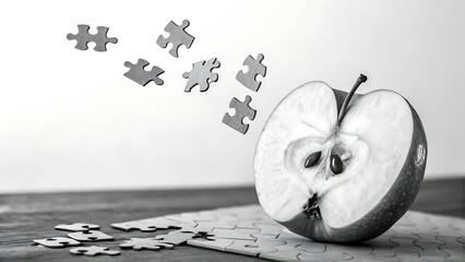 Conceptual black and white image of a half apple with puzzle pieces flying away and scattered on a table