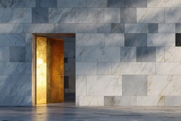 Modern Stone Facade With Open Golden Doorway Inviting Light And Opportunity.