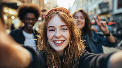 happy young women taking a selfie outdoors