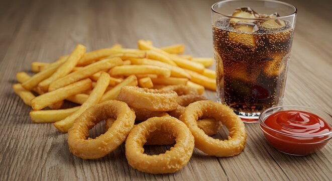 Close-up view of deep-fried squid rings served with crispy French fries, cola, and ketchup on a rustic wooden table, representing fast food indulgence and the concept of unhealthy eating