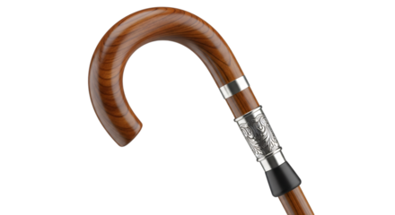 Elegant wooden cane with curved handle isolated on transparent background