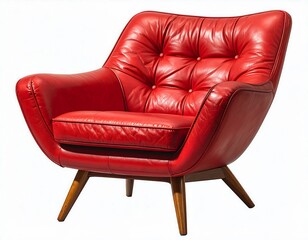 Elegant Red Leather Armchair with Button Tufting on White Background