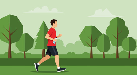 Fototapeta premium Cartoon illustration of a man running outside in a park to exercise and stay healthy