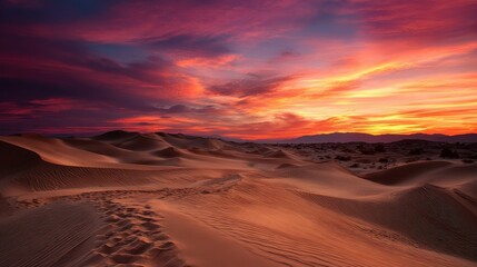 Naklejka premium Serene Sunset Over Majestic Sand Dunes in Vibrant Desert Landscape