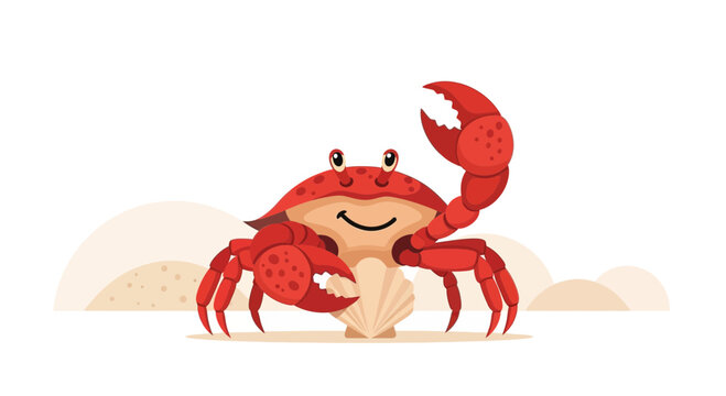 Cartoon illustration of a friendly crab on a beach with a seashell in style