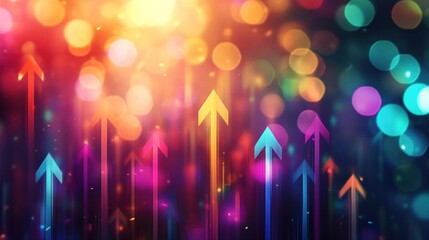 Colorful upward arrows on bokeh background, symbolizing growth, success, and progress.
