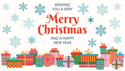Cartoon flat style Christmas card with elegant festive inscription, decorative snowflakes and bright gift boxes.
