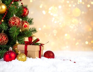 Christmas tree and gift on snow