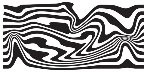 An illusion of black and white fluid waves dynamically converging with organic abstract wavy lines