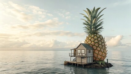 Obraz premium Surreal miniature tropical island home nestled beside a giant pineapple in a calm ocean