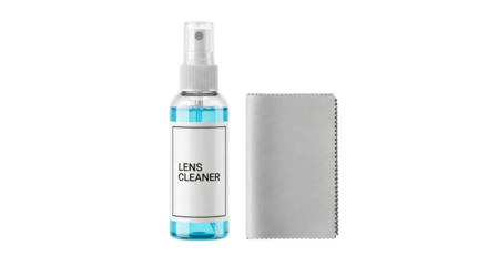 Lens cleaner spray bottle and microfiber cloth isolated on transparent background