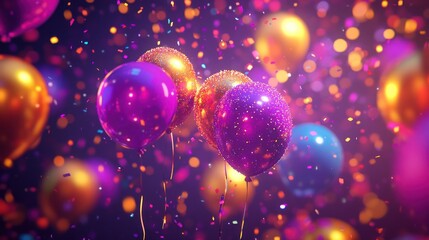 Obraz premium Festive purple, gold, and blue balloons with confetti.