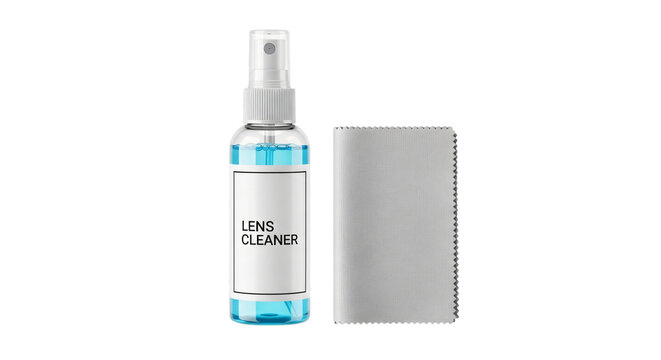 Lens cleaner spray bottle and microfiber cloth isolated on transparent background