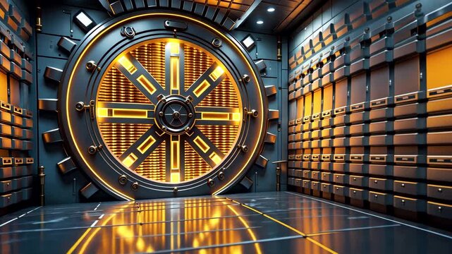 Secure Bank Vault with Large Circular Steel Door and Bright Illuminated Safety Deposit Boxes