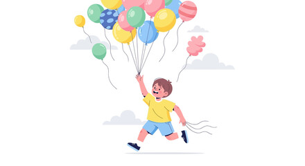 Child Running With Balloons, Celebrating Happiness And Freedom, Vector Illustration