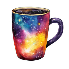 Watercolor painting of a coffee mug with a vibrant galaxy design featuring stars and cosmic colors perfect for space enthusiasts and lovers of unique artistic drinkware gifts on transparent background
