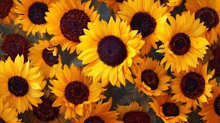 A vibrant close up of numerous bright yellow sunflowers with dark centers filling the frame