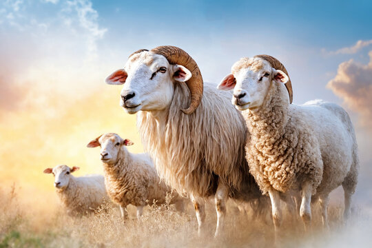 Sheep with horns in sunrise field and flock on rural pasture