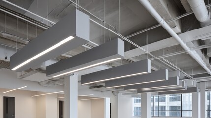 Obraz premium Modern Office Lighting Fixtures: Suspended Linear LED Luminaires Illuminate a Contemporary Workspace