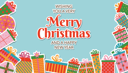 Cartoon flat style Christmas poster with elegant festive inscription and frame made of gift box stickers.