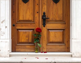 Elegant Red Rose in Vase Against a Rustic Wooden Door Entranceway Detail