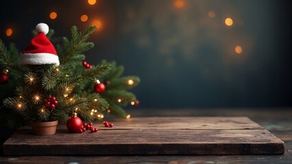 A small Christmas tree with a red and white Santa hat on top of it.