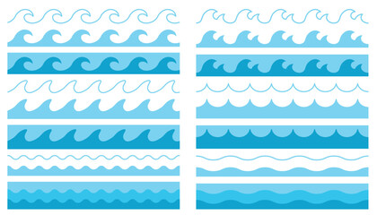 Cartoon flat style set of seamless borders with sea waves and water in thin line and flat styles.