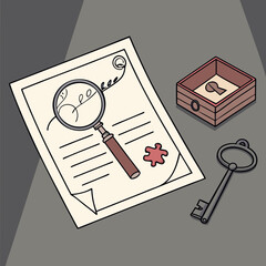 Isometric Illustration of a Key, Wooden Box, and Document with Magnifying Glass