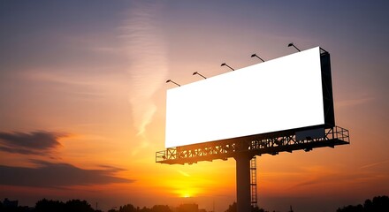 A blank billboard stands against a vibrant sunset sky with orange and yellow hues.